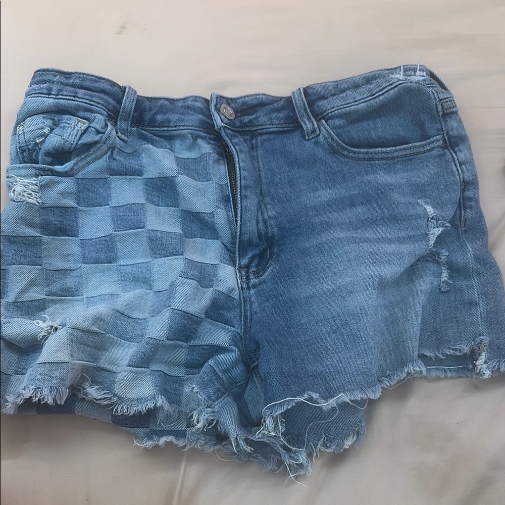 Blue Jean Shorts with Distressed Hems